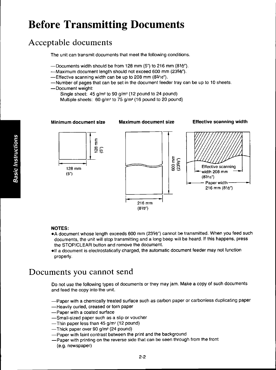 Before transmitting documents, Acceptable documents, Minimum document size | Notes, Documents you cannot send, Before transmitting documents -2, Acceptable documents -2, Documents you cannot send -2 | Panasonic KX-F160 User Manual | Page 44 / 124