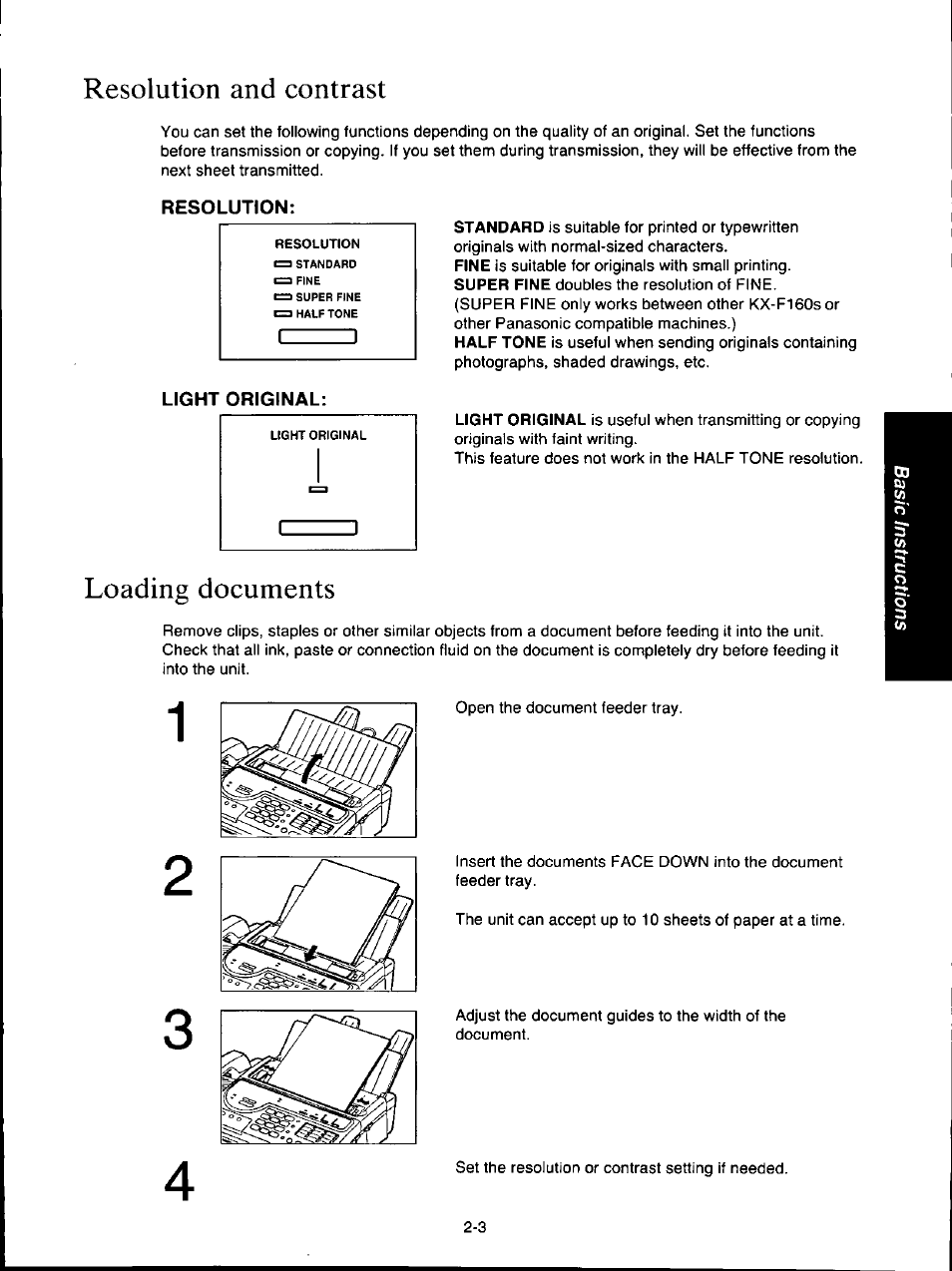 Resolution and contrast, Loading documents, Resolution and contrast -3 loading documents -3 | Panasonic KX-F160 User Manual | Page 45 / 124