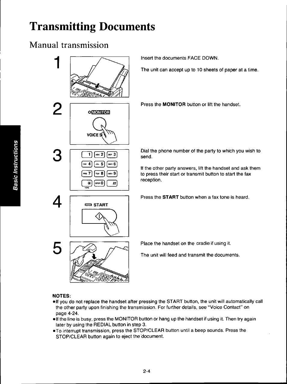 Transmitting documents, Manual transmission, Notes | Transmitting documents -4, Manual transmission -4 | Panasonic KX-F160 User Manual | Page 46 / 124