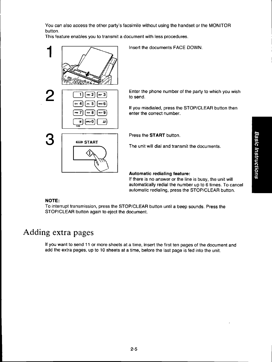 Automatic redialing feature, Note, Adding extra pages | Panasonic KX-F160 User Manual | Page 47 / 124