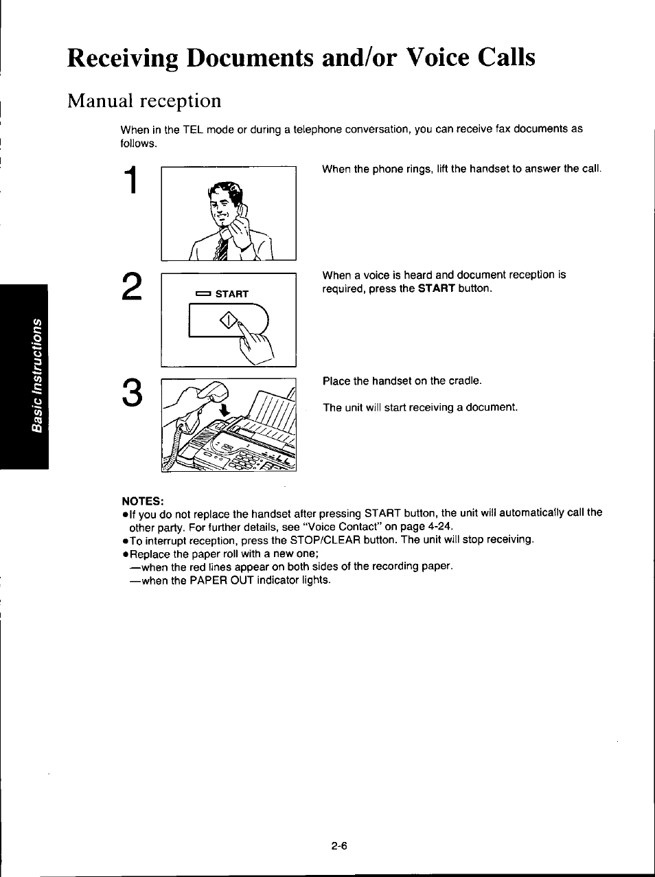 Receiving documents and/or voice calls, Manual reception, Notes | Receiving documents and/or voice caiis -6, Manual reception -6 | Panasonic KX-F160 User Manual | Page 48 / 124