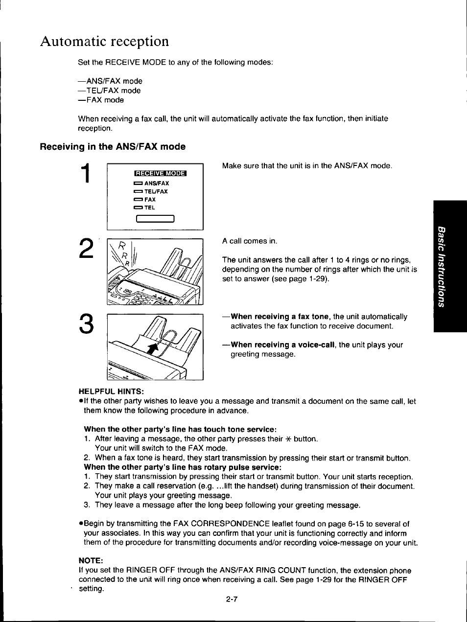 Automatic reception, When the other party’s line has touch tone service, Automatic reception -7 | Panasonic KX-F160 User Manual | Page 49 / 124
