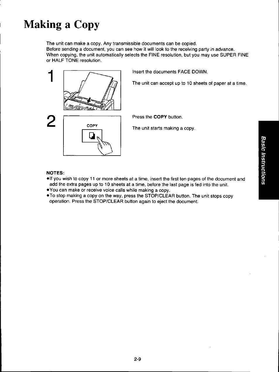 Making a copy, Notes, Making a copy -9 | Panasonic KX-F160 User Manual | Page 51 / 124