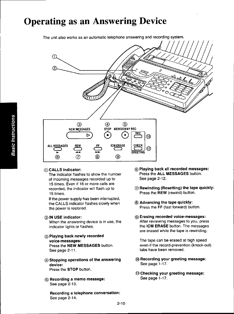 Operating as an answering device, 0 calls indicator, 0 in use indicator | 0 playing back newly recorded voice-messages, Stopping operations of the answering device, 0 recording a memo message, Recording a telephone conversation, 0 rewinding (resetting) the tape quickly, 0 advancing the tape quickly, 0 erasing recorded voice-messages | Panasonic KX-F160 User Manual | Page 52 / 124