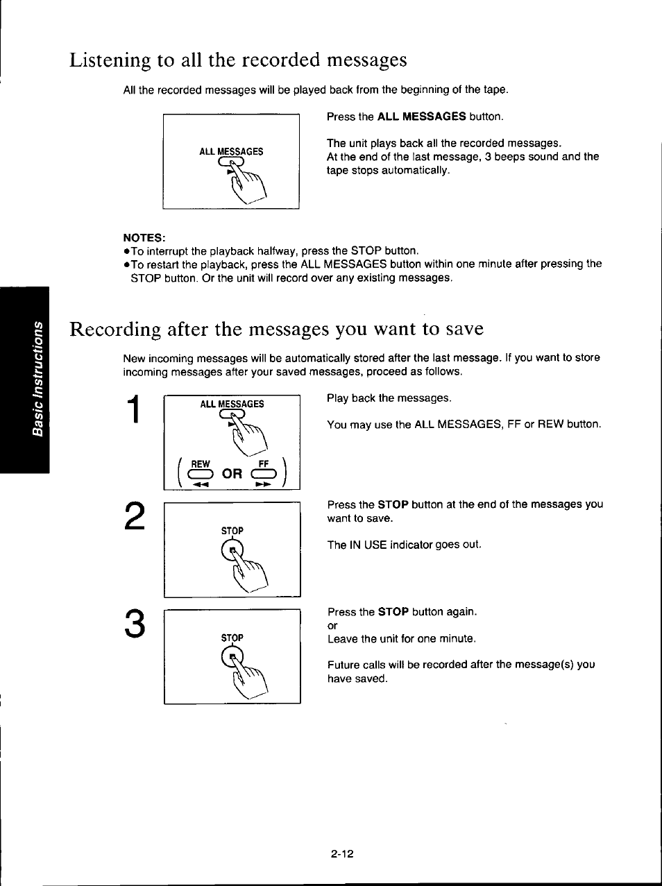 Listening to all the recorded messages, Notes, Recording after the messages you want to save | Listening to all the recorded messages -12, Recording after the messages you want to save -12 | Panasonic KX-F160 User Manual | Page 54 / 124