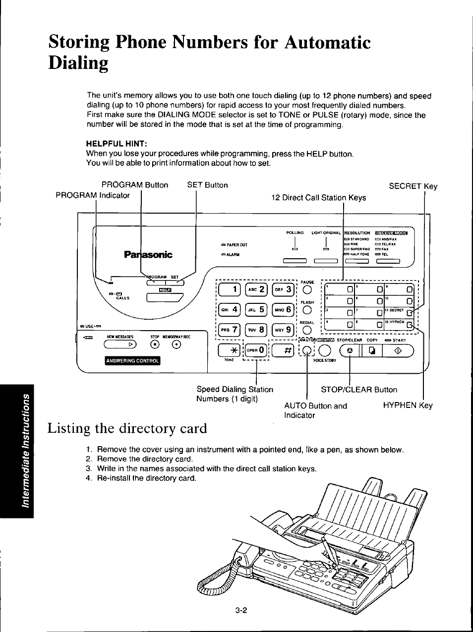 Storing phone numbers for automatic dialing, Helpful hint, Storing phone numbers for one touch dialing -3 | Panasonic KX-F160 User Manual | Page 60 / 124