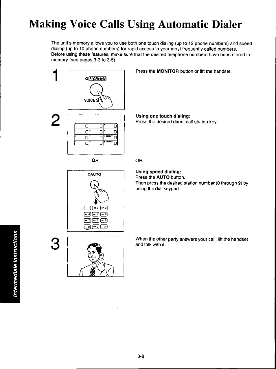 Making voice calls using automatic dialer, Using one touch dialing, Using speed diaiing | Making voice calls using automatic dialer -8 | Panasonic KX-F160 User Manual | Page 66 / 124