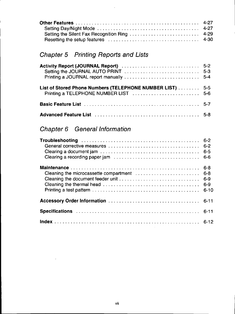 Chapter 5 printing reports and lists, Chapter 6 general information | Panasonic KX-F160 User Manual | Page 7 / 124