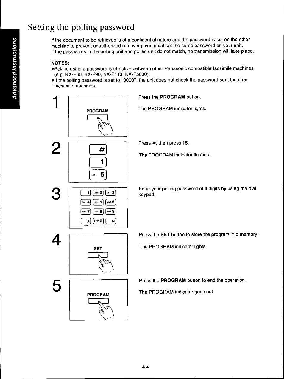 Setting the polling password, Notes, Setting the polling password -4 | Panasonic KX-F160 User Manual | Page 70 / 124