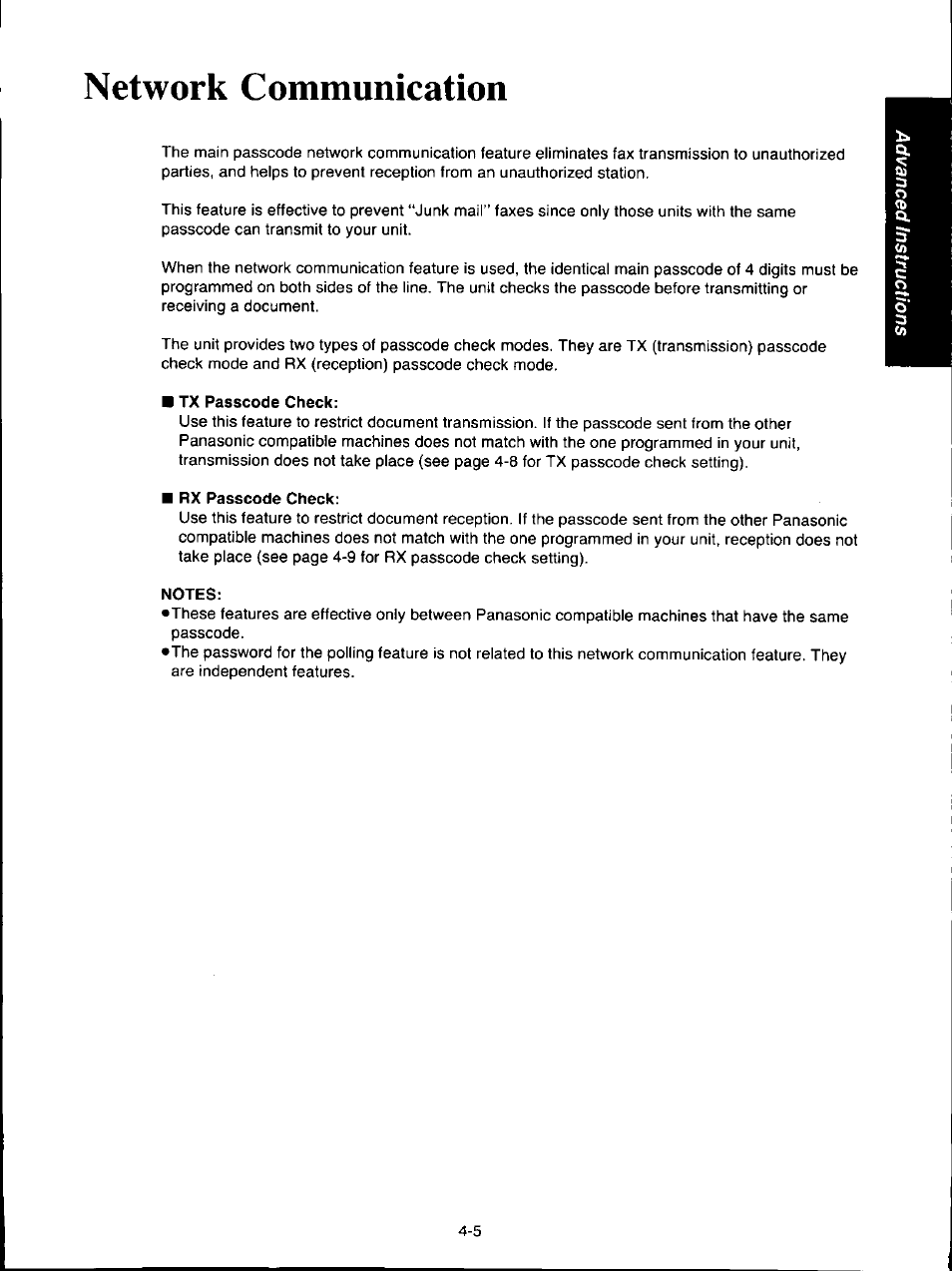 Network communication, Tx passcode check, Rx passcode check | Network communication -5 | Panasonic KX-F160 User Manual | Page 71 / 124