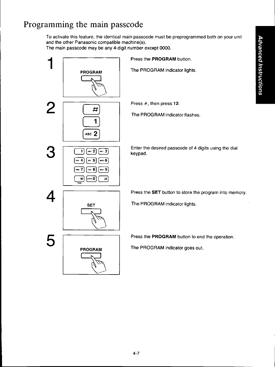 Programming the main passcode, Programming the main passcode -7 | Panasonic KX-F160 User Manual | Page 73 / 124