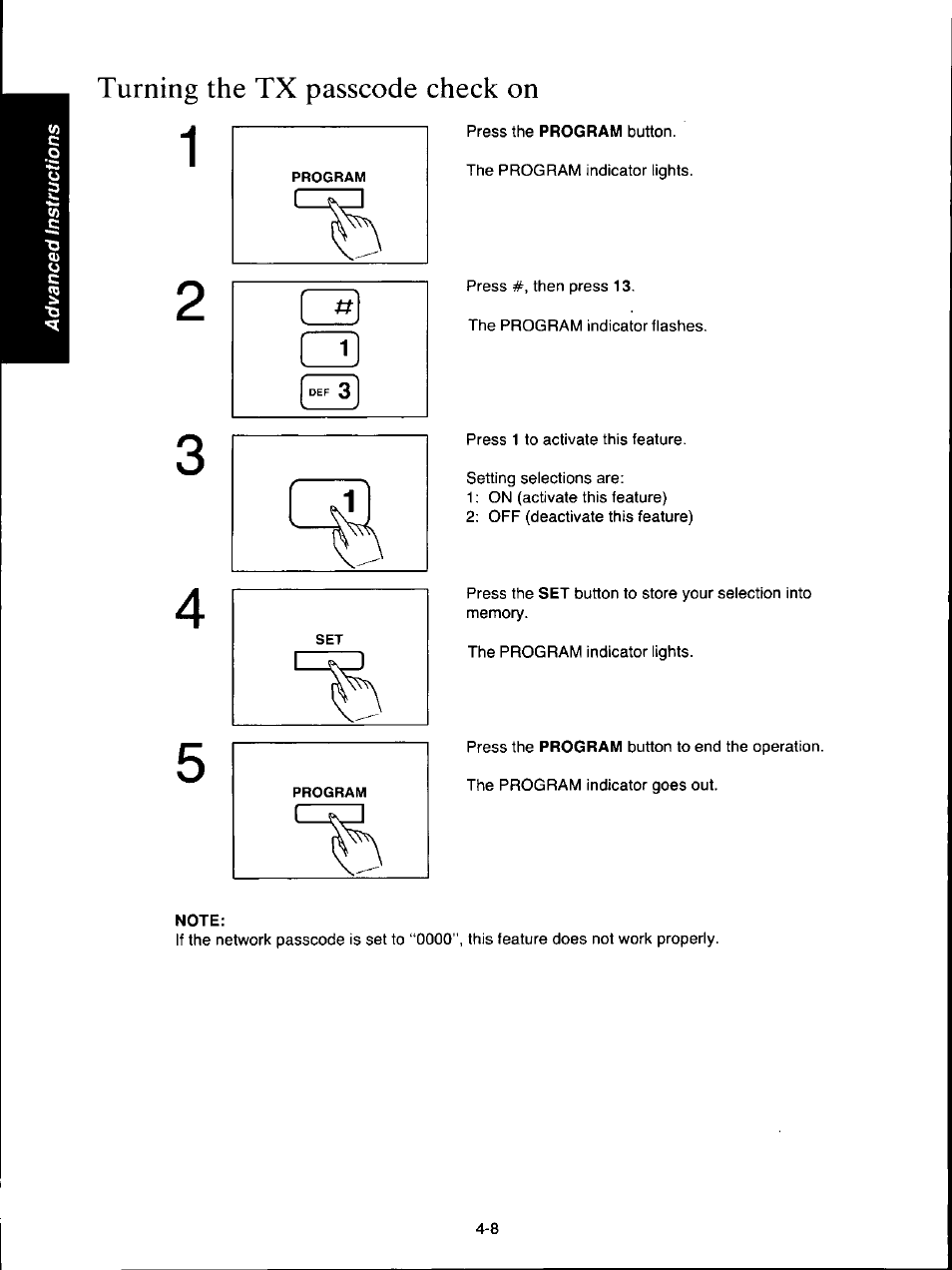 Turning the tx passcode check on, Note, Turning the tx passcode check on -8 | Panasonic KX-F160 User Manual | Page 74 / 124