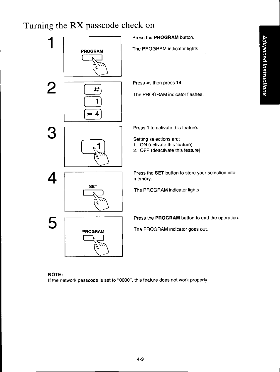 Turning the rx passcode check on, Note, Turning the rx passcode check on -9 | Panasonic KX-F160 User Manual | Page 75 / 124