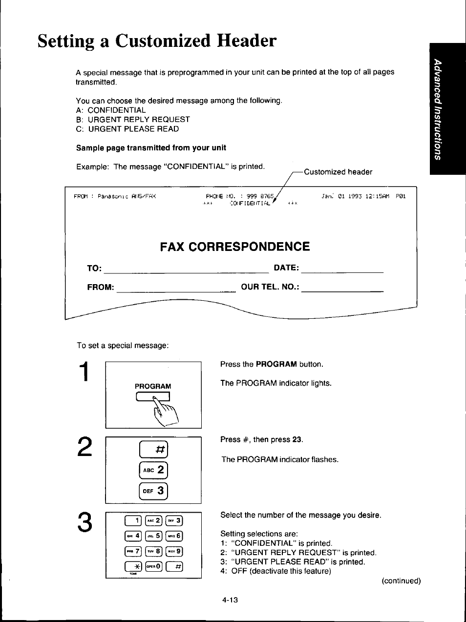 Setting a customized header, Setting a customized header -13 | Panasonic KX-F160 User Manual | Page 79 / 124