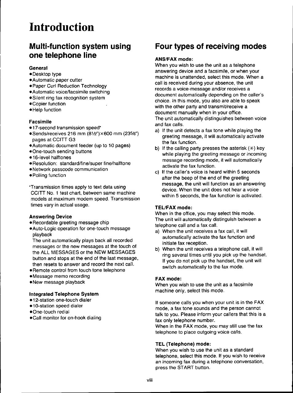 Introduction, General, Facsimile | Answering device, Integrated telephone system, Ans/fax mode, Teufax mode, Fax mode, Tel (telephone) mode, Multi-function system using one telephone line | Panasonic KX-F160 User Manual | Page 8 / 124