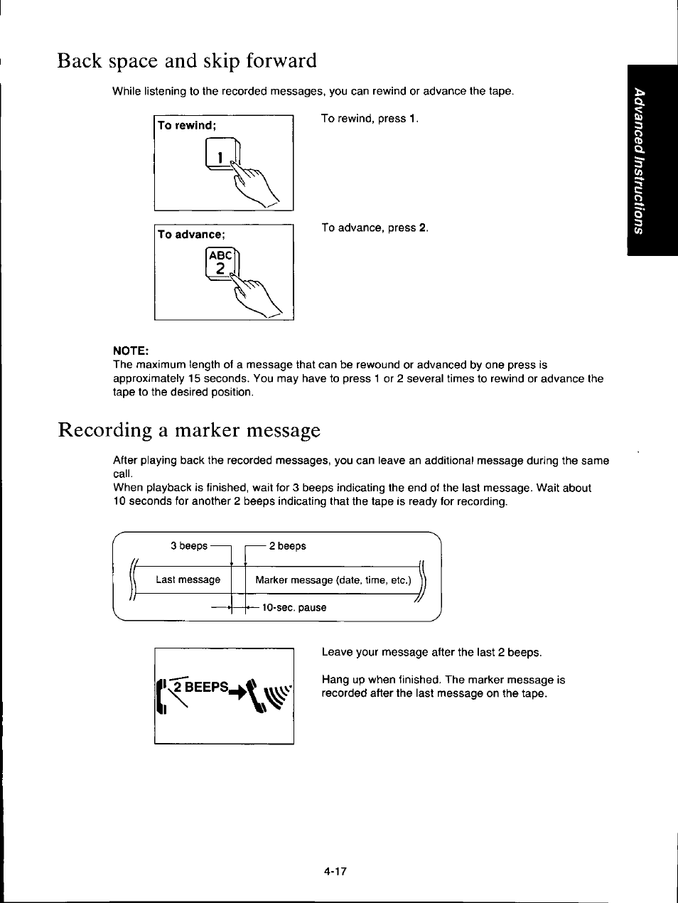 Back space and skip forward, Note, Recording a marker message | Back space and skip forward -17, Recording a marker message -17 | Panasonic KX-F160 User Manual | Page 83 / 124