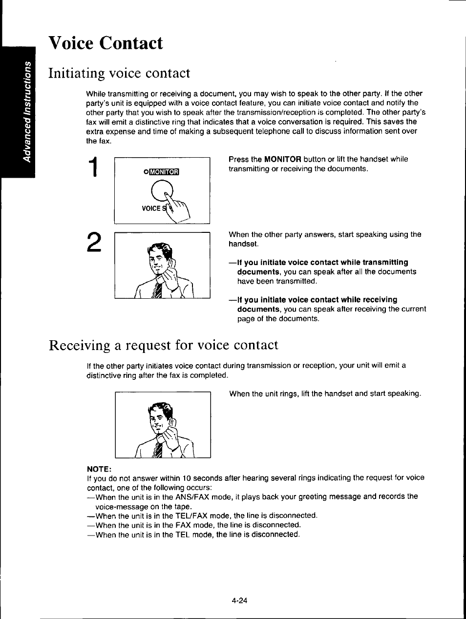 Voice contact, Initiating voice contact, Receiving a request for voice contact | Voice contact -24 | Panasonic KX-F160 User Manual | Page 90 / 124