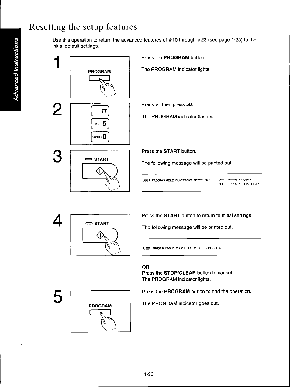 Resetting the setup features, Resetting the setup features -30 | Panasonic KX-F160 User Manual | Page 96 / 124