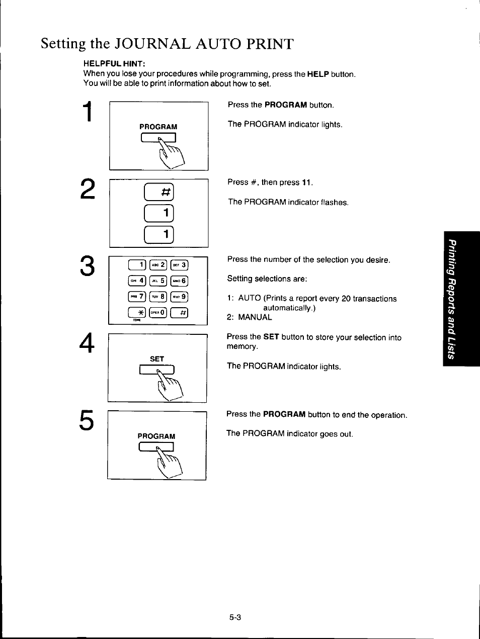 Setting the journal auto print, Helpful hint, Setting the journal auto print -3 | Panasonic KX-F160 User Manual | Page 99 / 124