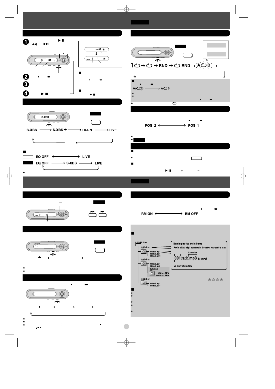 Playing mp3, Other play methods, Starting play from an album (album skip) | Changing the display, Program play play modes, Changing the sound quality, Anti-skip system, Other remote control functions | Panasonic SL-J910 User Manual | Page 6 / 6