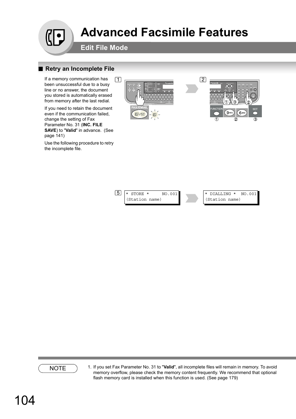 Retry an incomplete file, Advanced facsimile features, Edit file mode | Panasonic DP-180 User Manual | Page 104 / 194