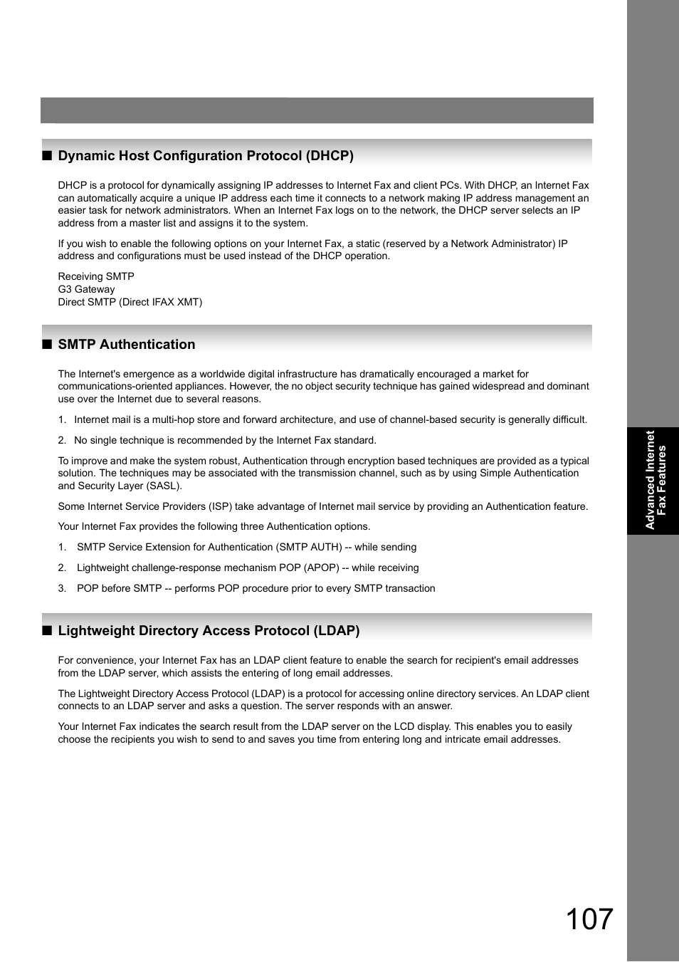 Dynamic host configuration protocol (dhcp), Smtp authentication, Lightweight directory access protocol (ldap) | Panasonic DP-180 User Manual | Page 107 / 194