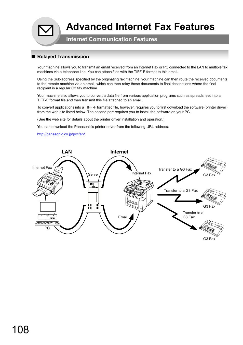 Relayed transmission, Advanced internet fax features, Internet communication features | Panasonic DP-180 User Manual | Page 108 / 194