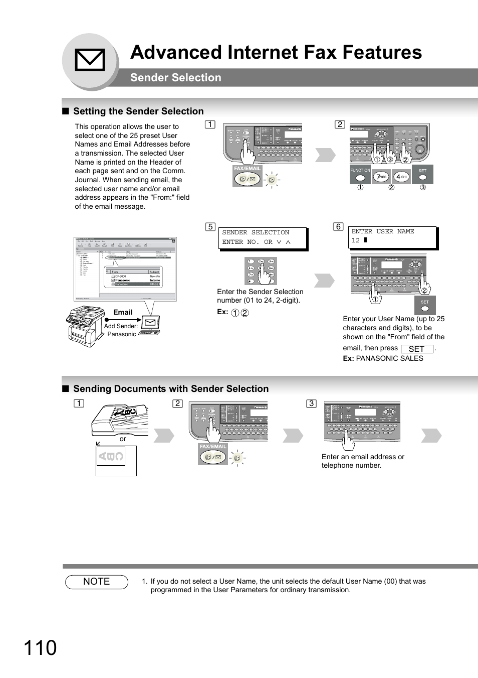 Sender selection, Setting the sender selection, Sending documents with sender selection | Advanced internet fax features | Panasonic DP-180 User Manual | Page 110 / 194