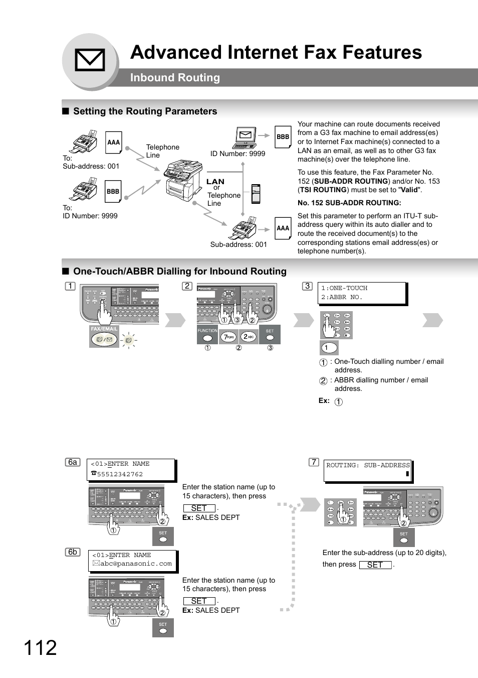 Inbound routing, Setting the routing parameters, One-touch/abbr dialling for inbound routing | Advanced internet fax features | Panasonic DP-180 User Manual | Page 112 / 194