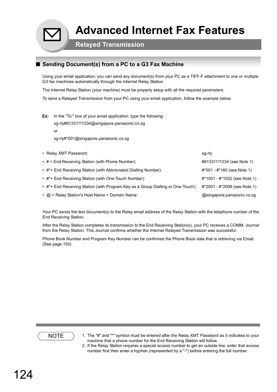 Sending document(s) from a pc to a g3 fax machine, Advanced internet fax features, Relayed transmission | Panasonic DP-180 User Manual | Page 124 / 194