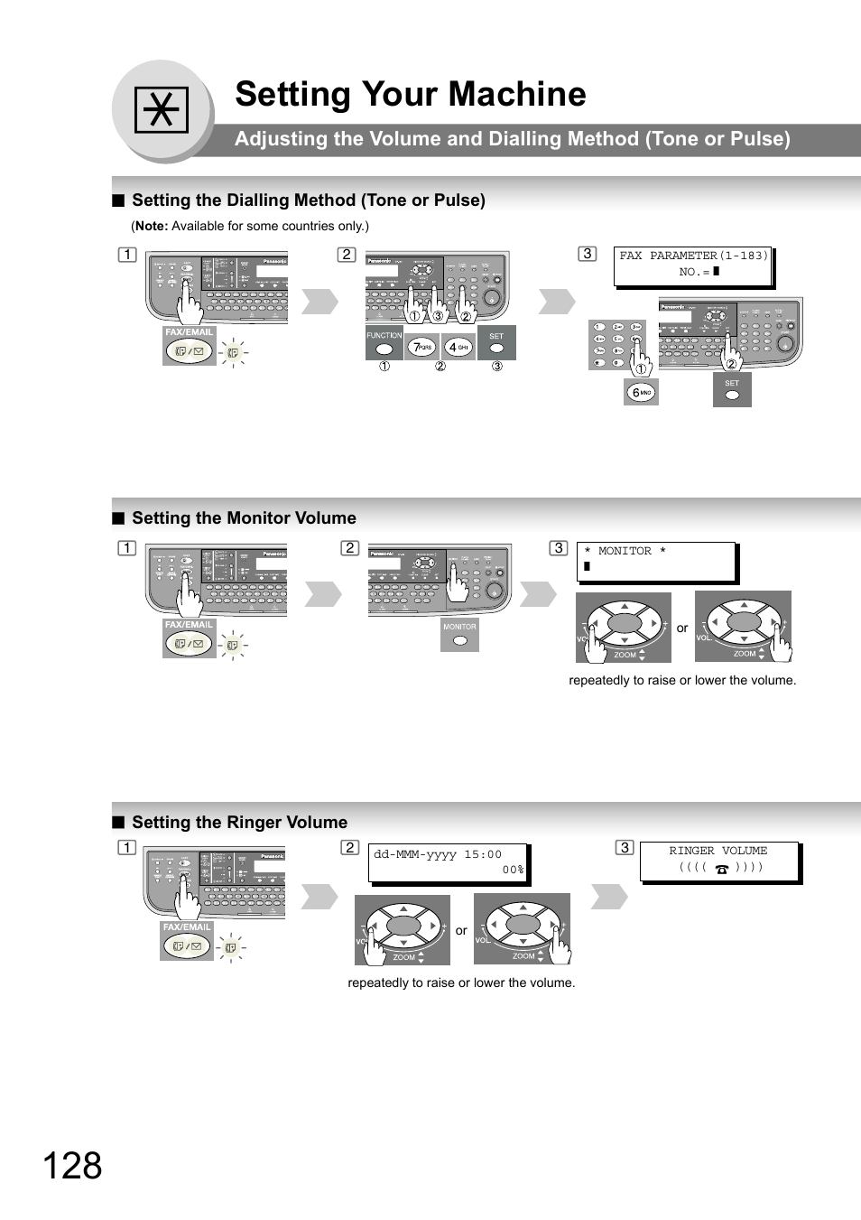 Setting your machine, Setting the dialling method (tone or pulse), Setting the monitor volume | Setting the ringer volume | Panasonic DP-180 User Manual | Page 128 / 194