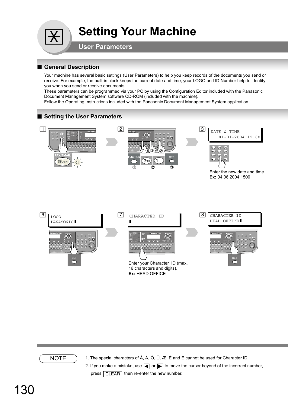 User parameters, General description, Setting the user parameters | Setting your machine | Panasonic DP-180 User Manual | Page 130 / 194