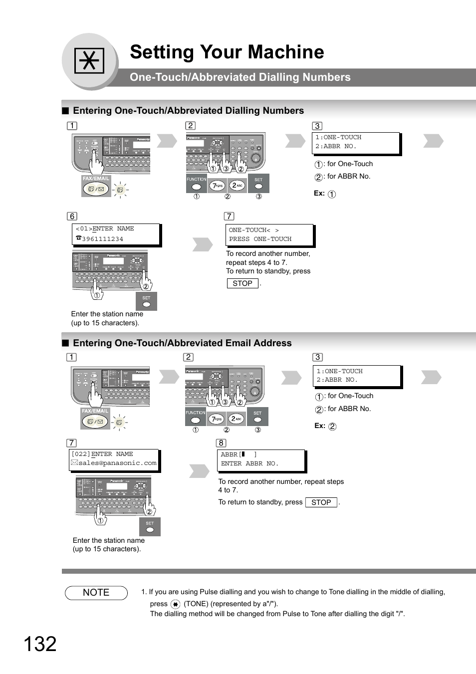One-touch/abbreviated dialling numbers, Entering one-touch/abbreviated dialling numbers, Entering one-touch/abbreviated email address | Setting your machine | Panasonic DP-180 User Manual | Page 132 / 194