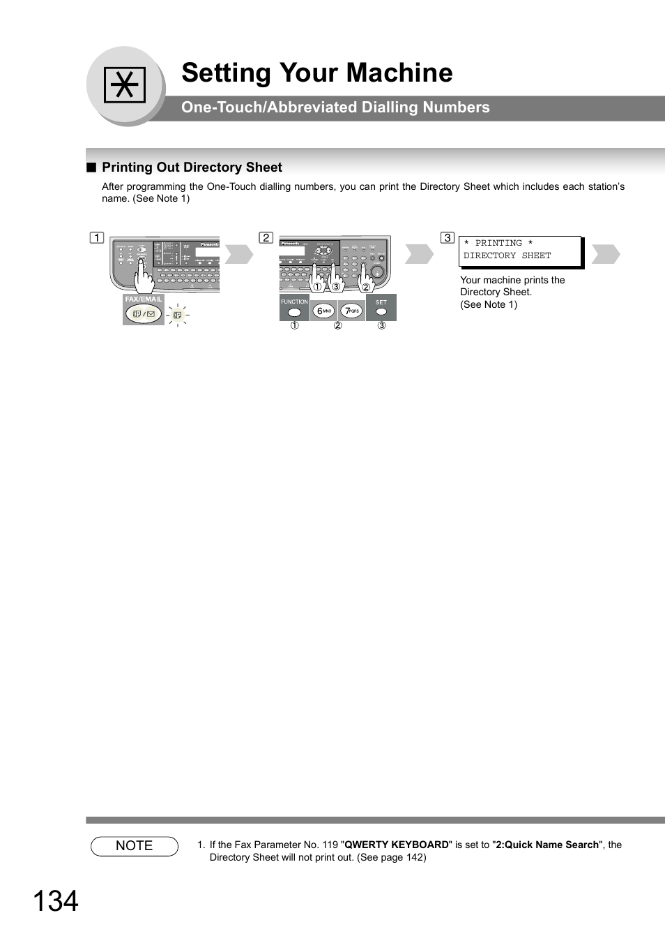 Printing out directory sheet, Setting your machine, One-touch/abbreviated dialling numbers | Panasonic DP-180 User Manual | Page 134 / 194
