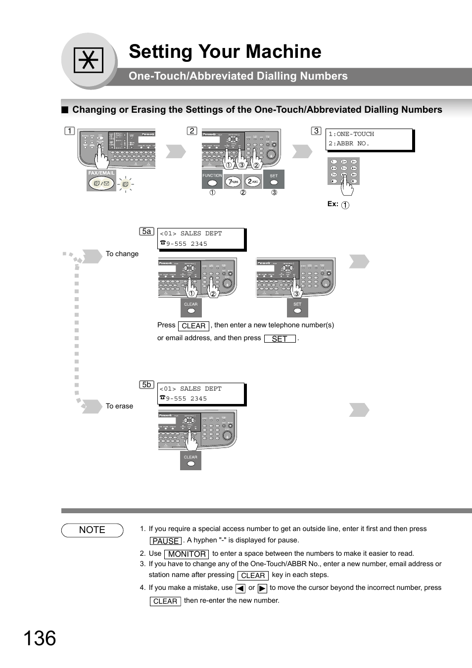 Changing or erasing the settings of the one-touch, Abbreviated dialling numbers, Setting your machine | One-touch/abbreviated dialling numbers | Panasonic DP-180 User Manual | Page 136 / 194