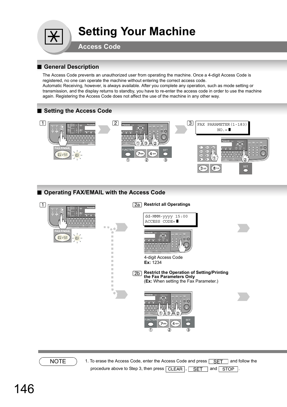 Access code, General description, Setting the access code | Operating fax/email with the access code, Setting your machine | Panasonic DP-180 User Manual | Page 146 / 194