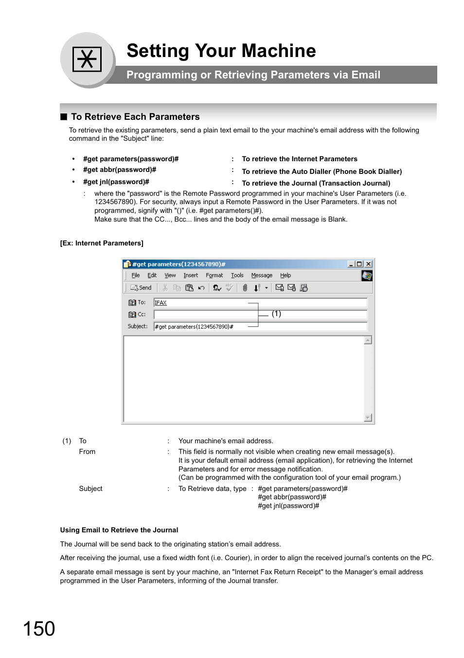 To retrieve each parameters, Setting your machine, Programming or retrieving parameters via email | Panasonic DP-180 User Manual | Page 150 / 194