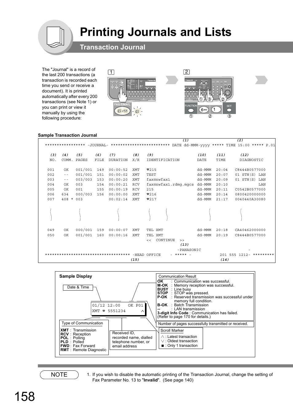 Printing journals and lists, Transaction journal | Panasonic DP-180 User Manual | Page 158 / 194
