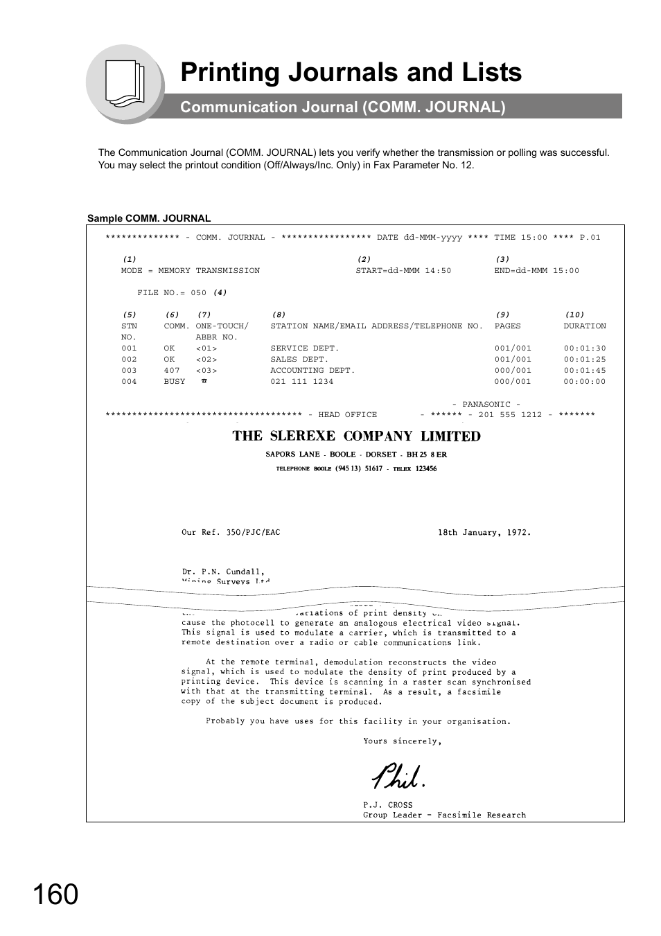 Communication journal (comm. journal), Printing journals and lists | Panasonic DP-180 User Manual | Page 160 / 194