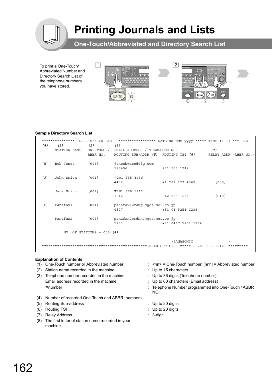 One-touch/abbreviated and directory search list, Printing journals and lists | Panasonic DP-180 User Manual | Page 162 / 194