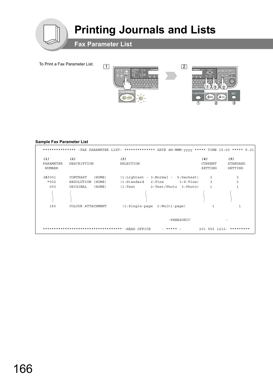 Fax parameter list, Printing journals and lists | Panasonic DP-180 User Manual | Page 166 / 194