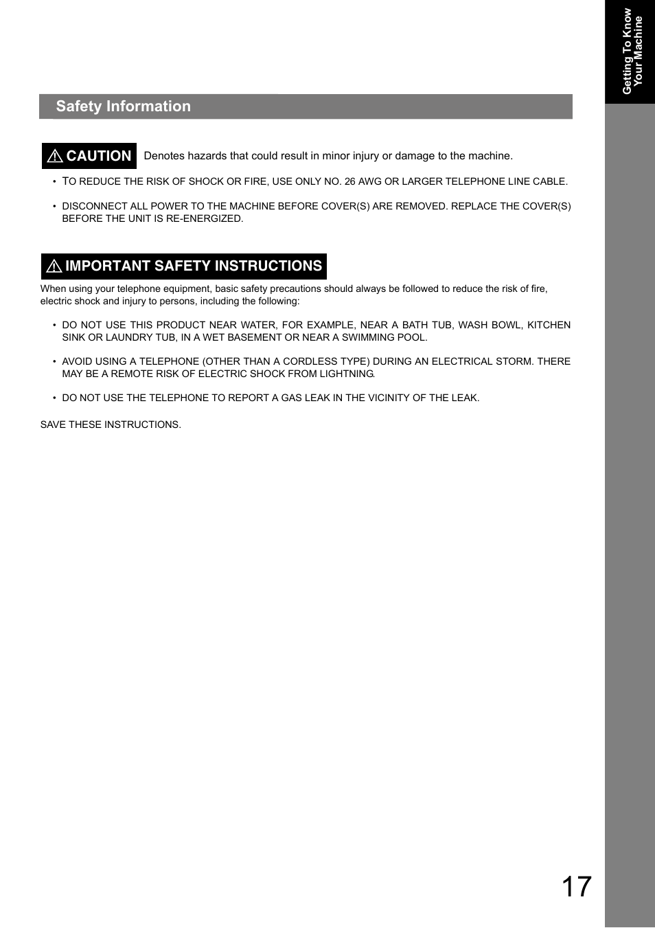 Safety information, Caution, Important safety instructions | Panasonic DP-180 User Manual | Page 17 / 194