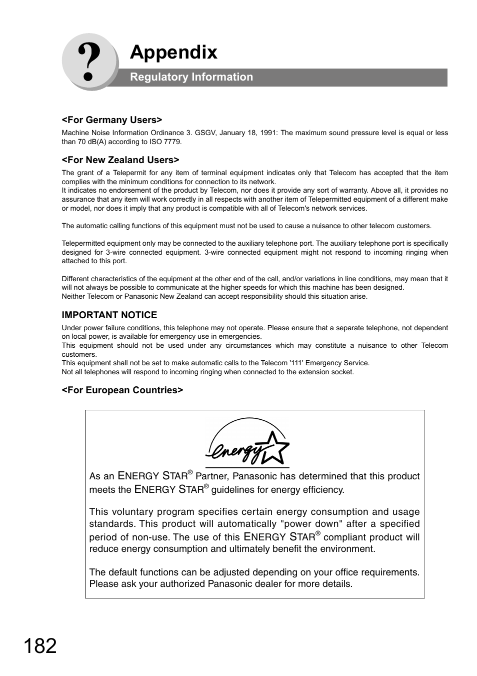 For germany users, For new zealand users, Important notice | For european countries, Appendix, Regulatory information | Panasonic DP-180 User Manual | Page 182 / 194
