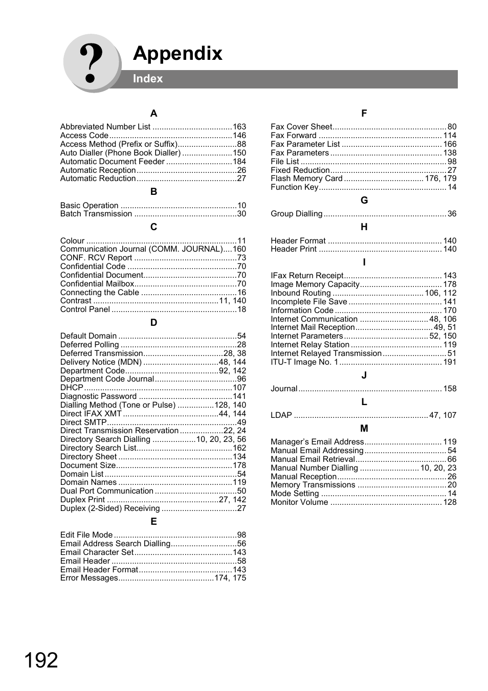 Index, Appendix | Panasonic DP-180 User Manual | Page 192 / 194