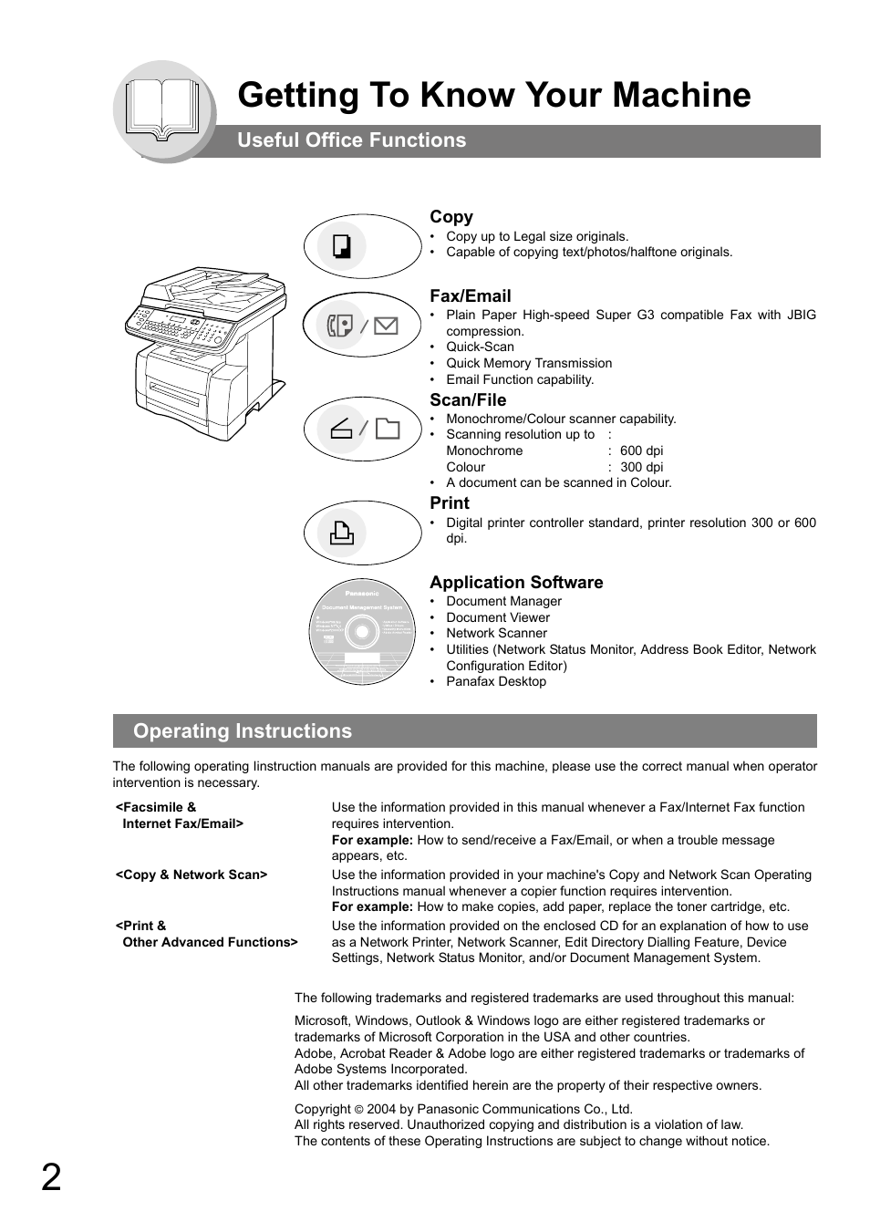 Getting to know your machine, Useful office functions, Operating instructions | Panasonic DP-180 User Manual | Page 2 / 194