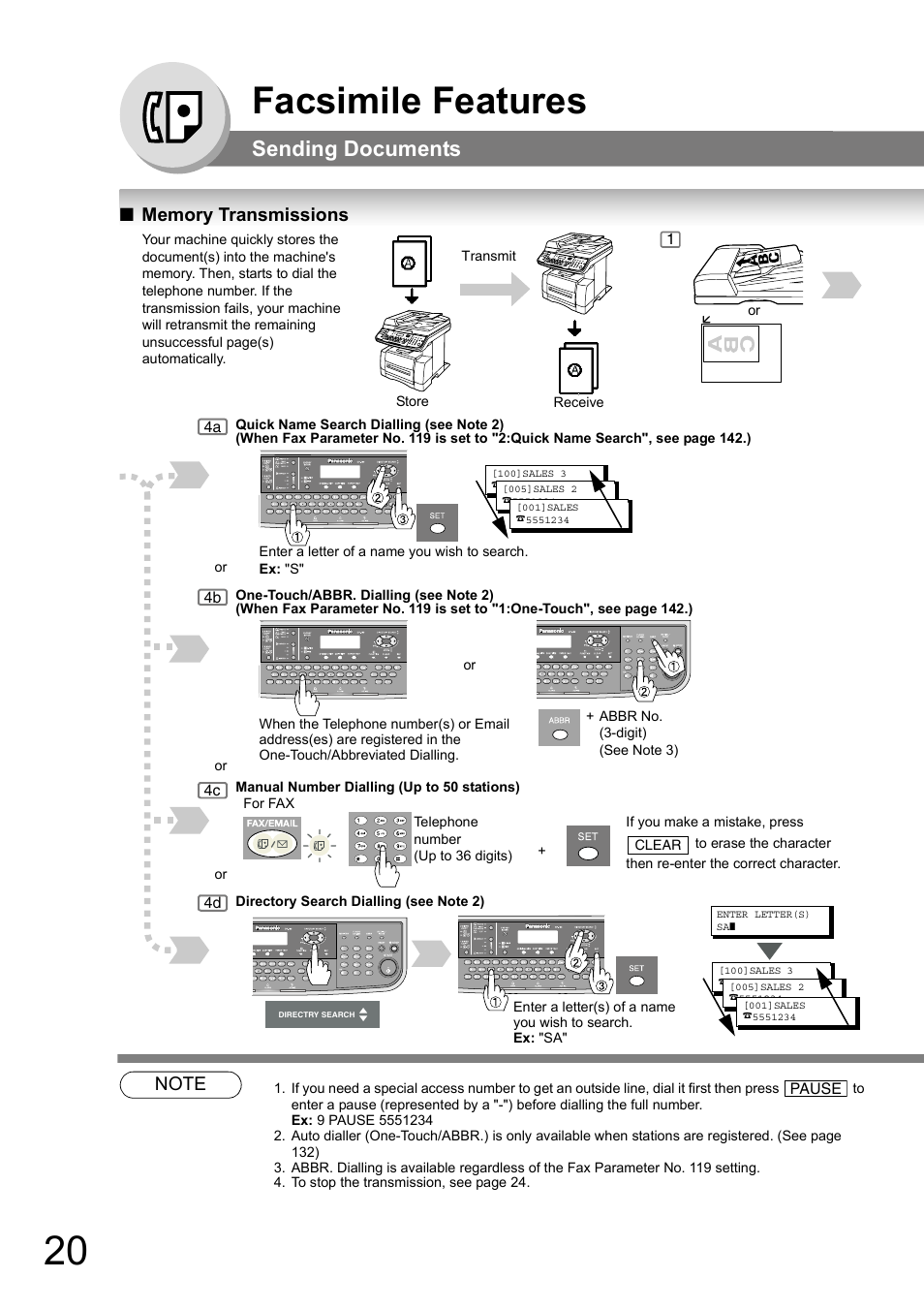 Facsimile features, Sending documents, Memory transmissions | Panasonic DP-180 User Manual | Page 20 / 194