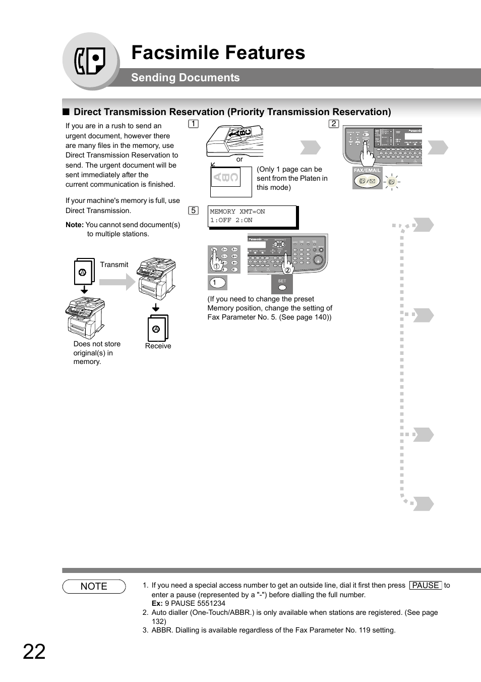 Direct transmission reservation, Priority transmission reservation), Facsimile features | Sending documents | Panasonic DP-180 User Manual | Page 22 / 194