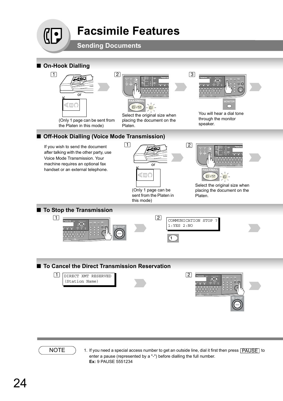 On-hook dialling, Off-hook dialling (voice mode transmission), To stop the transmission | To cancel the direct transmission reservation, Facsimile features, Sending documents | Panasonic DP-180 User Manual | Page 24 / 194