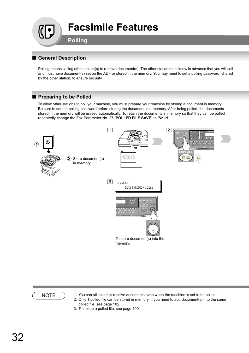 Polling, General description, Preparing to be polled | Facsimile features | Panasonic DP-180 User Manual | Page 32 / 194