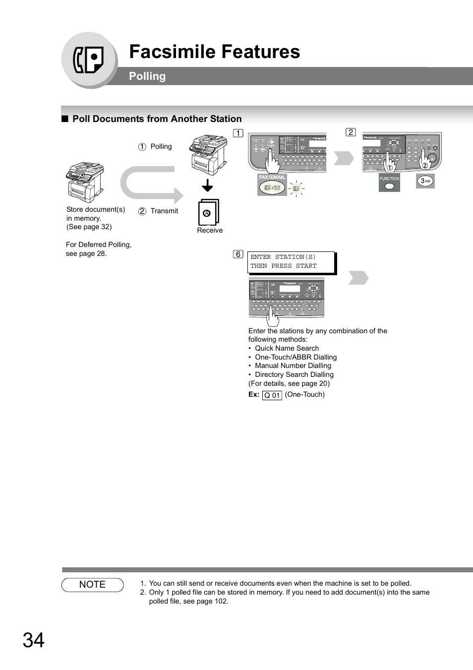 Poll documents from another station, Facsimile features, Polling | Panasonic DP-180 User Manual | Page 34 / 194